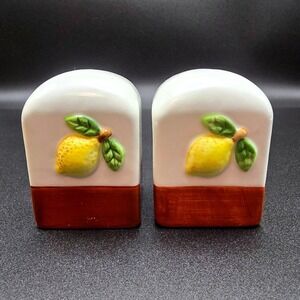 Vintage Ceramic Lemon Salt and Pepper Shakers Set White Brown Farmhouse Kitchen